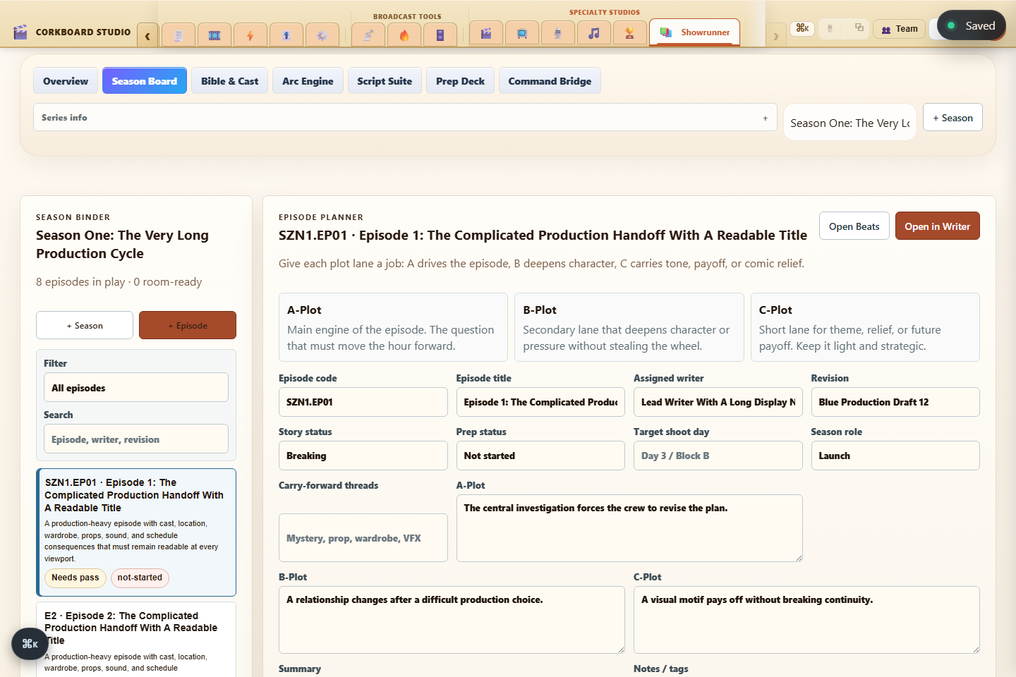 Corkboard Studio Showrunner season board with episode binder, plot lanes, writer assignment, revision, and prep fields