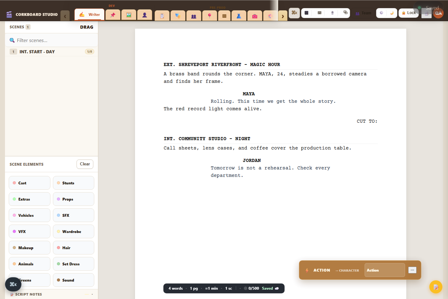 Corkboard Studio screenplay editor showing a formatted script and production tools
